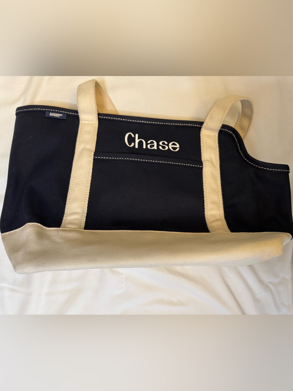 Lands' End Navy Canvas Dog Carrier Tote Bag 16.5"x8"x12.5" "Chase" Monogram GUC
